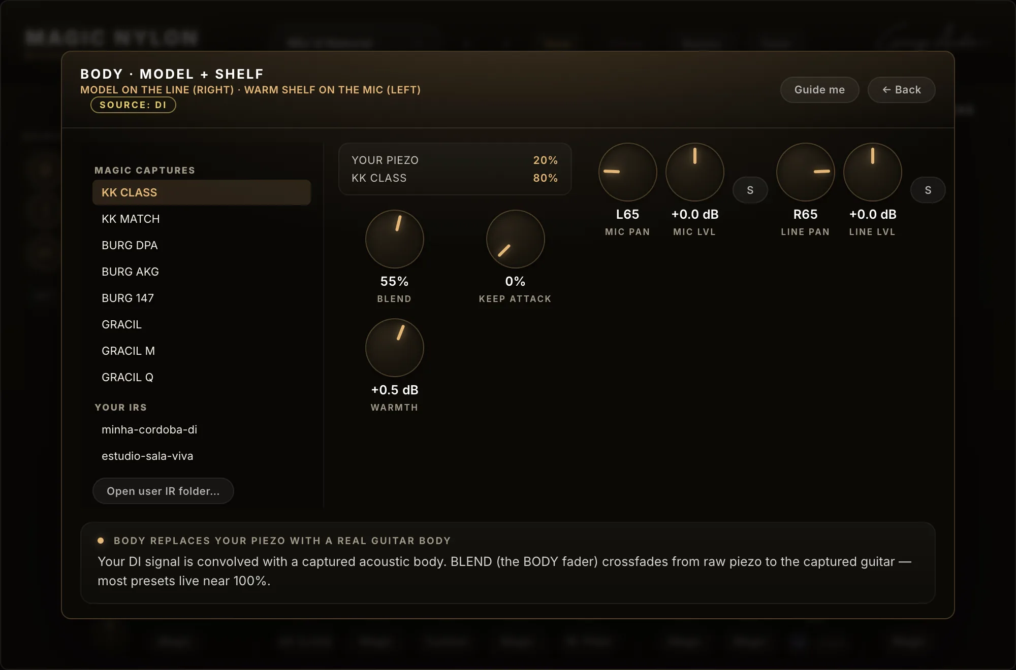 BODY page in stereo mode with the per-source mixer: pan, level and solo for mic and line