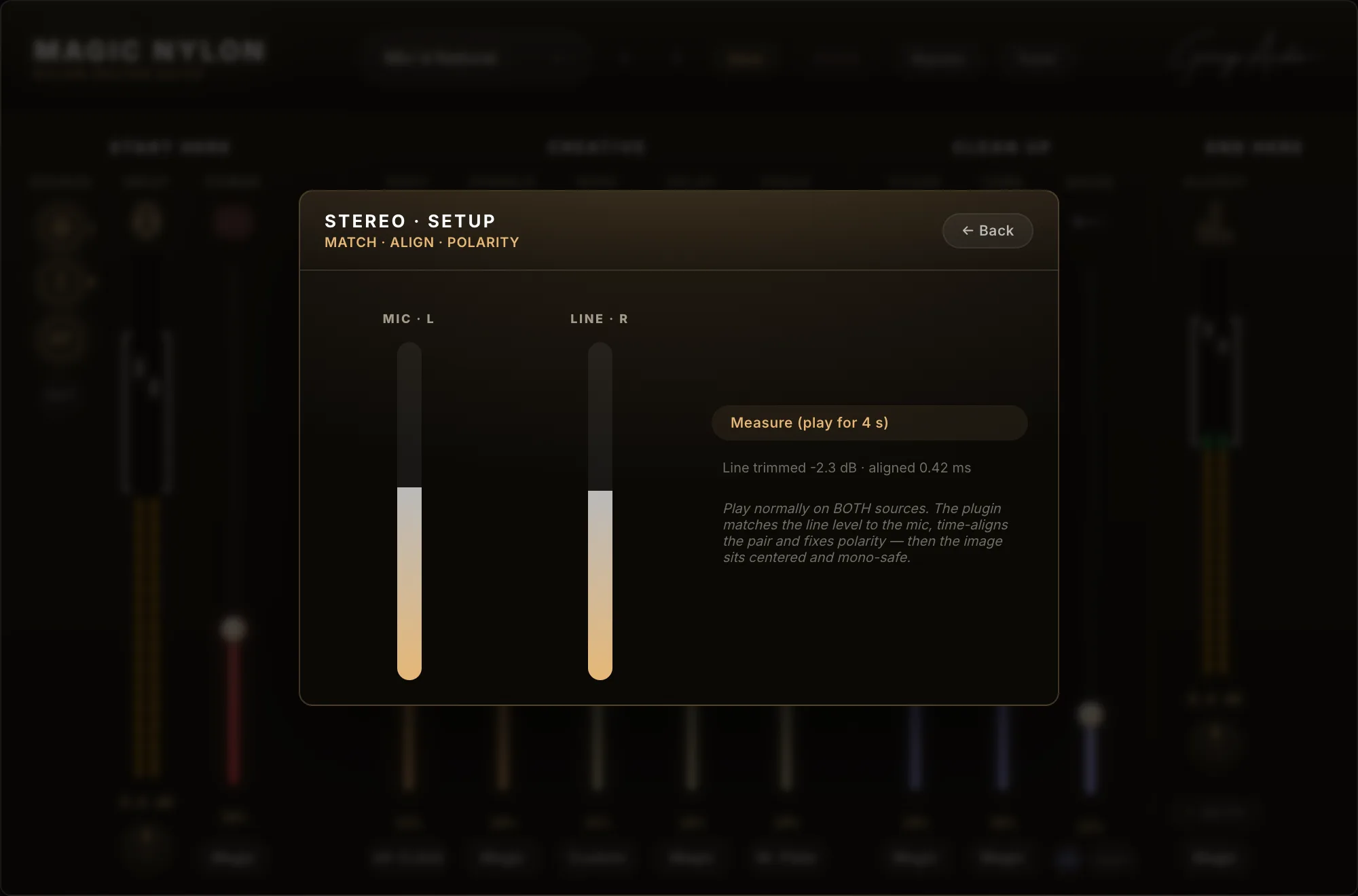 Stereo Setup panel with the measurement done: line trimmed -2.3 dB and aligned 0.42 ms