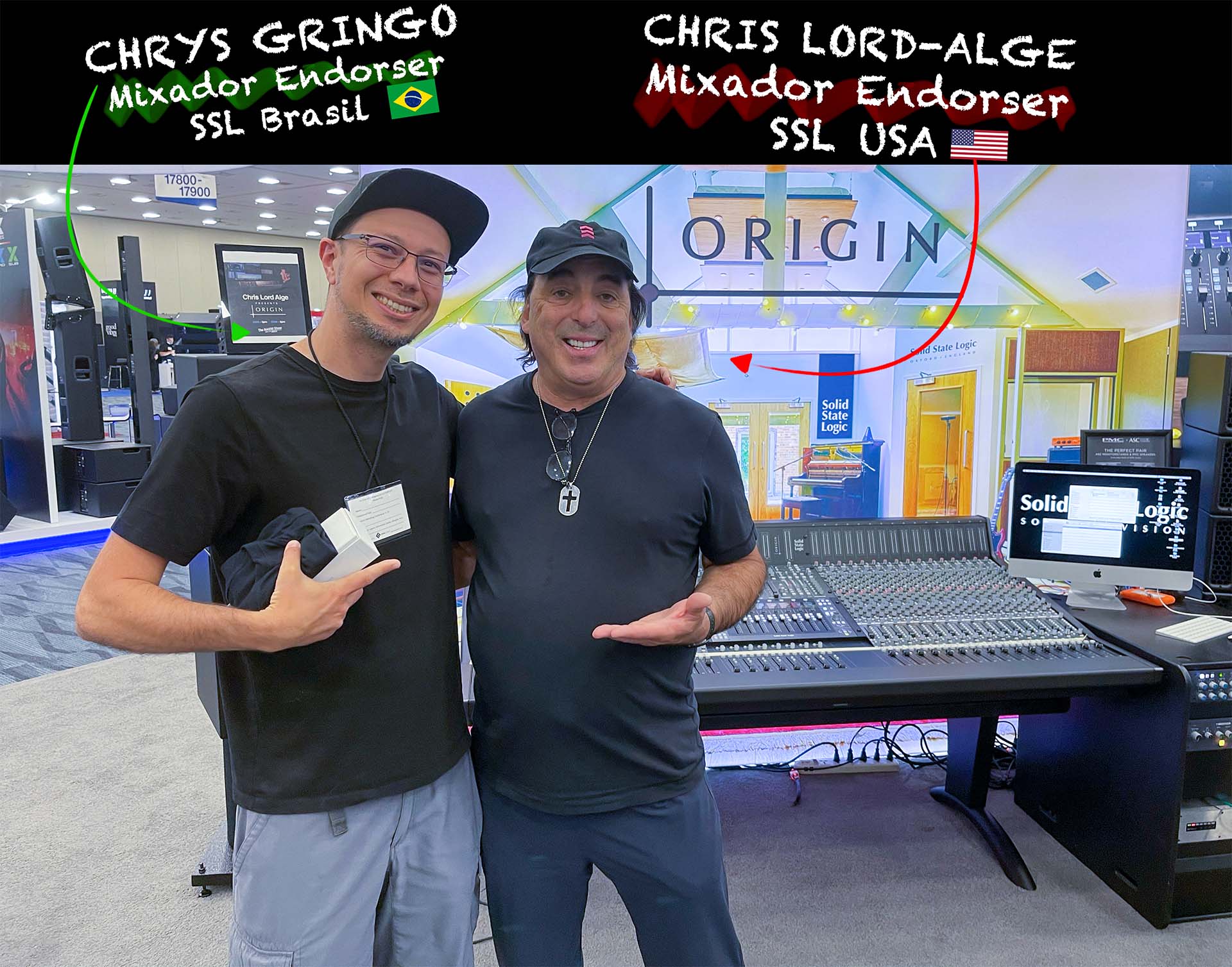 Chrys Gringo ao lado de Chris Lord-Alge em um console SSL