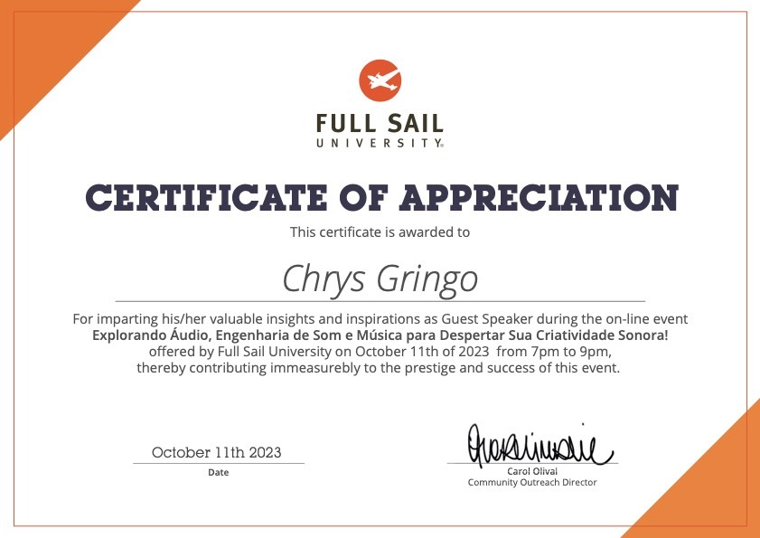 Certificado de reconhecimento da Full Sail University a Chrys Gringo